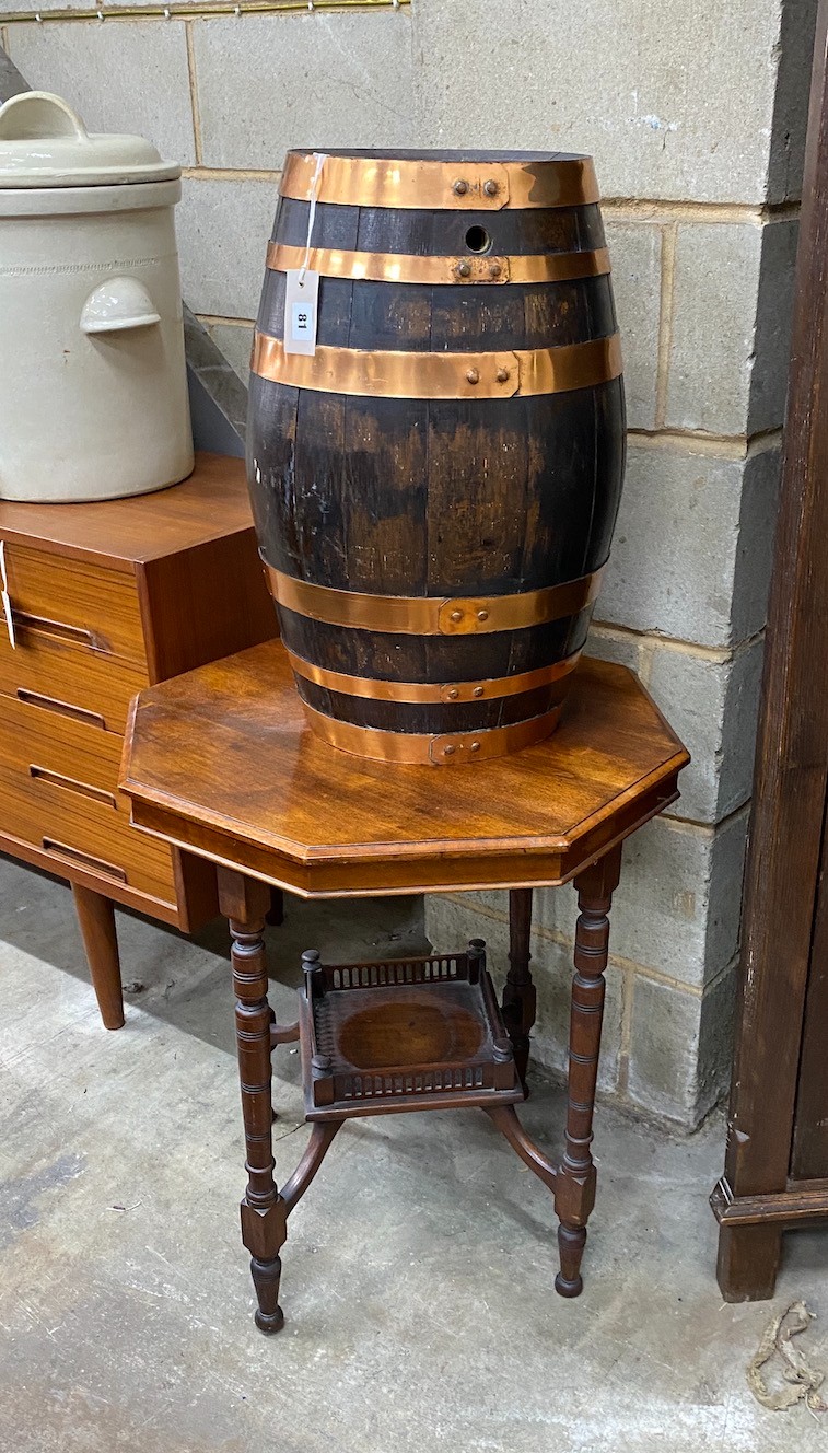 A copper bound staved oak barrel, height 56cm together with a late Victorian octagonal centre table